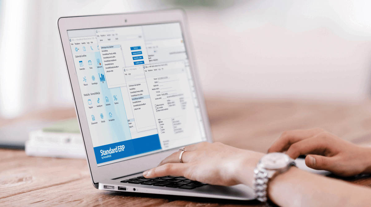 Customer browsing ERP system on laptop